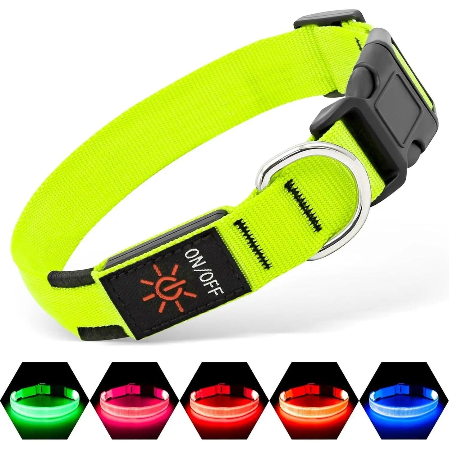 Bright yellow LED dog collar with on/off button, black buckle, and color options: green, pink, red, blue.