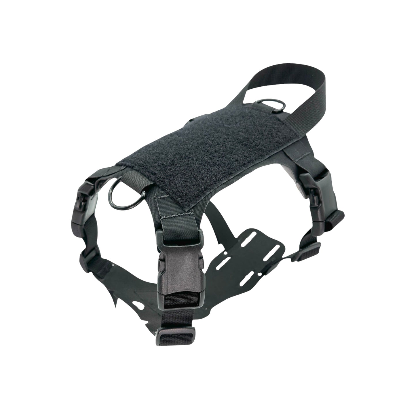 Black tactical harness with adjustable straps, buckles, and a padded top panel.