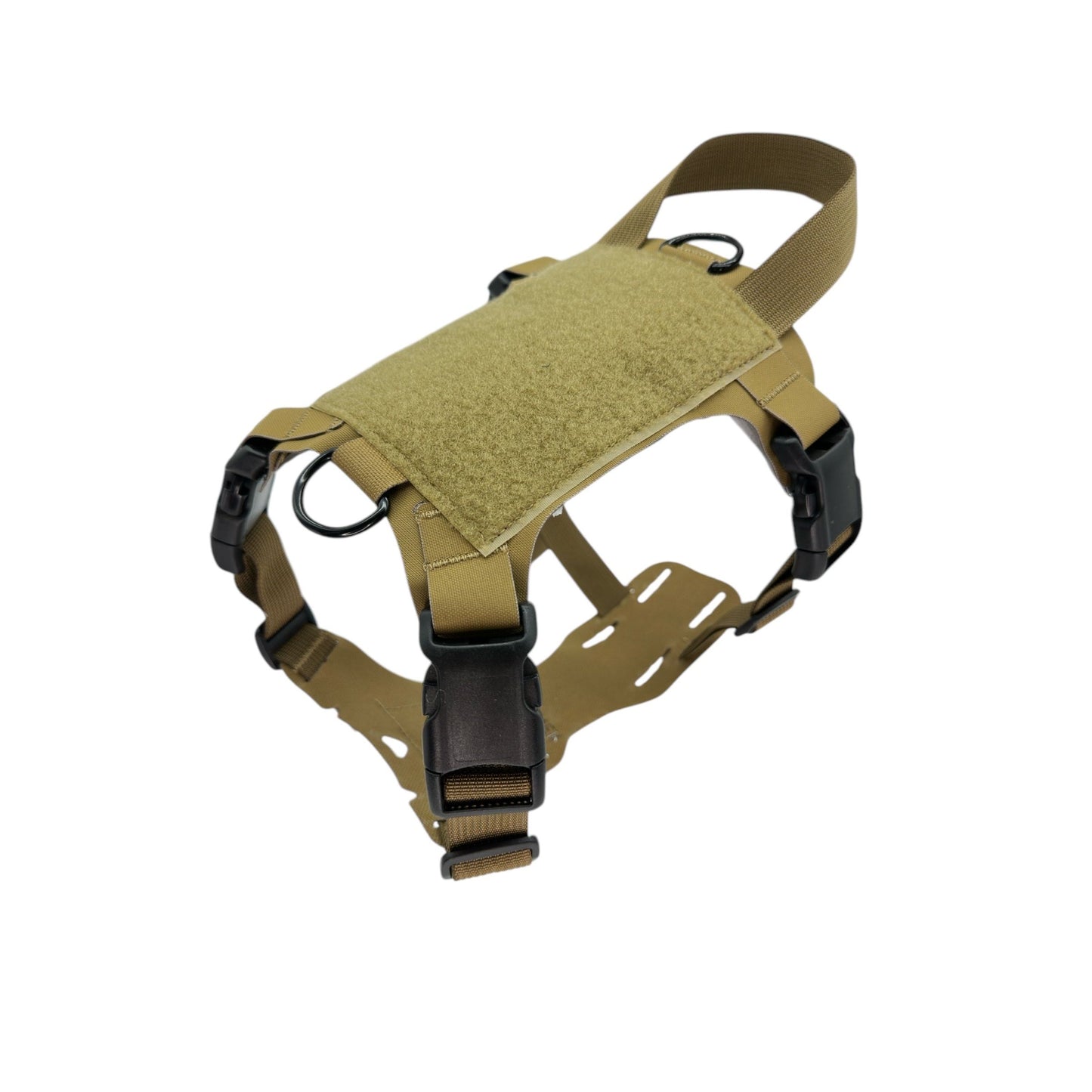 Tan tactical dog harness with black buckles and metal rings, featuring a handle on top.