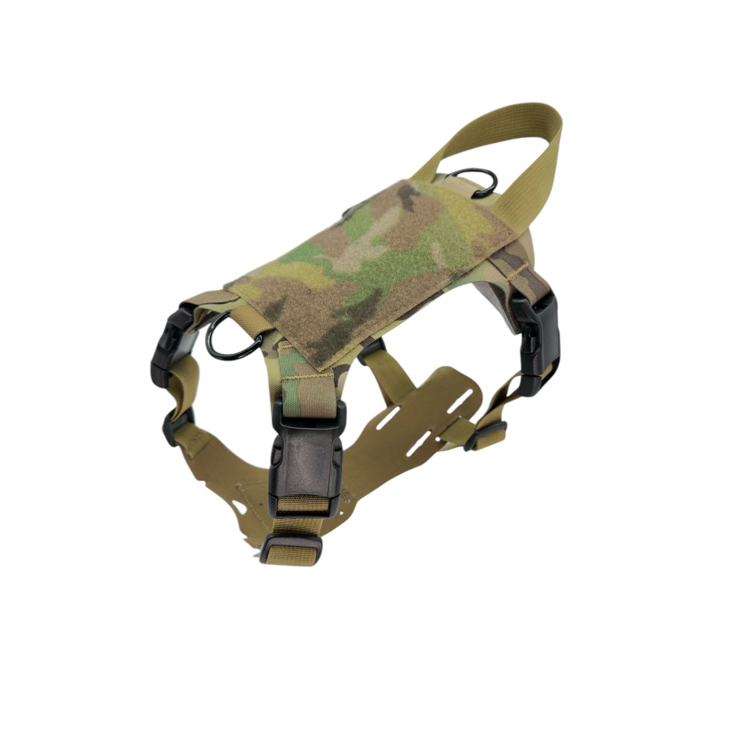 Camouflage dog harness with adjustable straps, black buckles, and a sturdy handle on top.