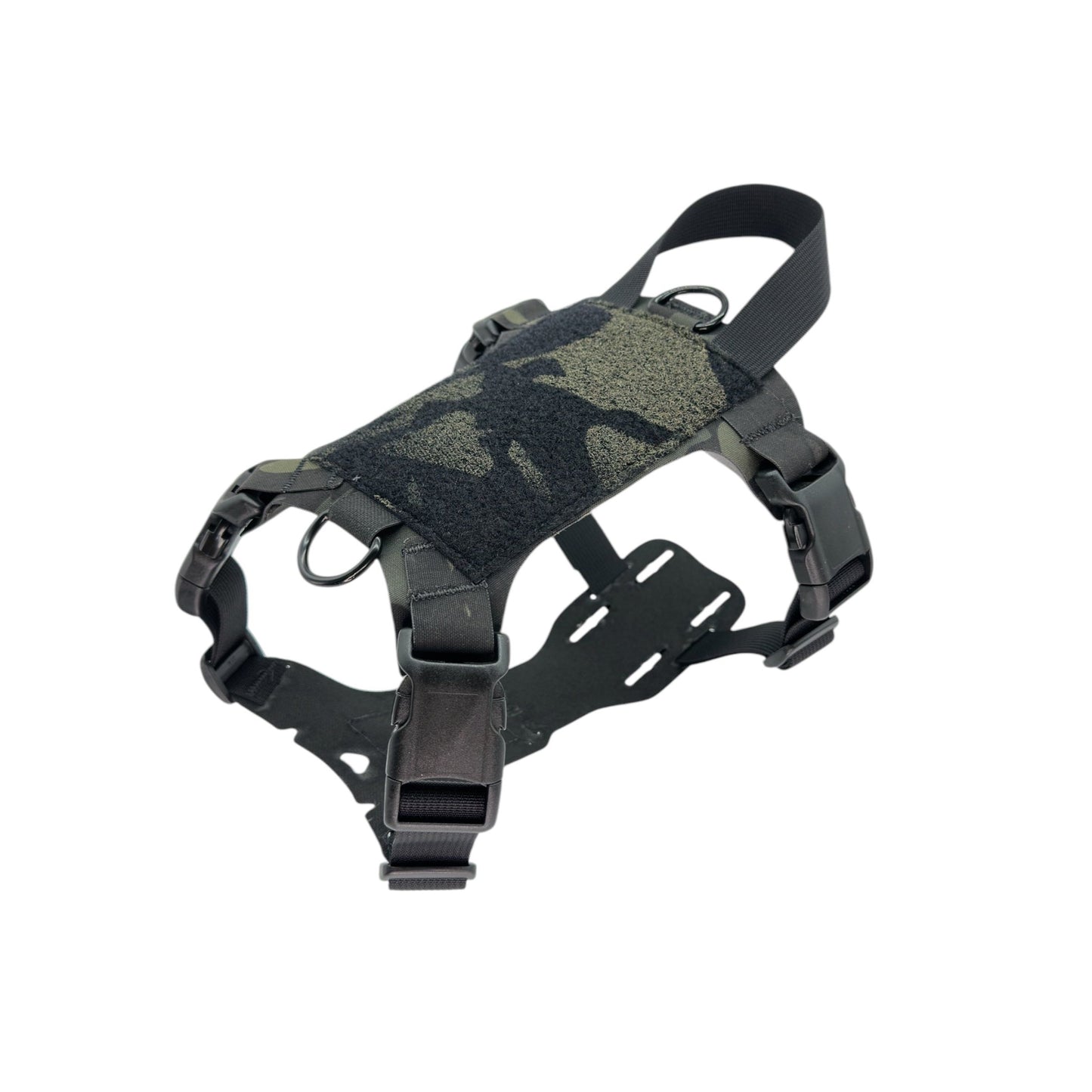 Black tactical harness with adjustable straps, buckles, and a camouflage pattern on the top.