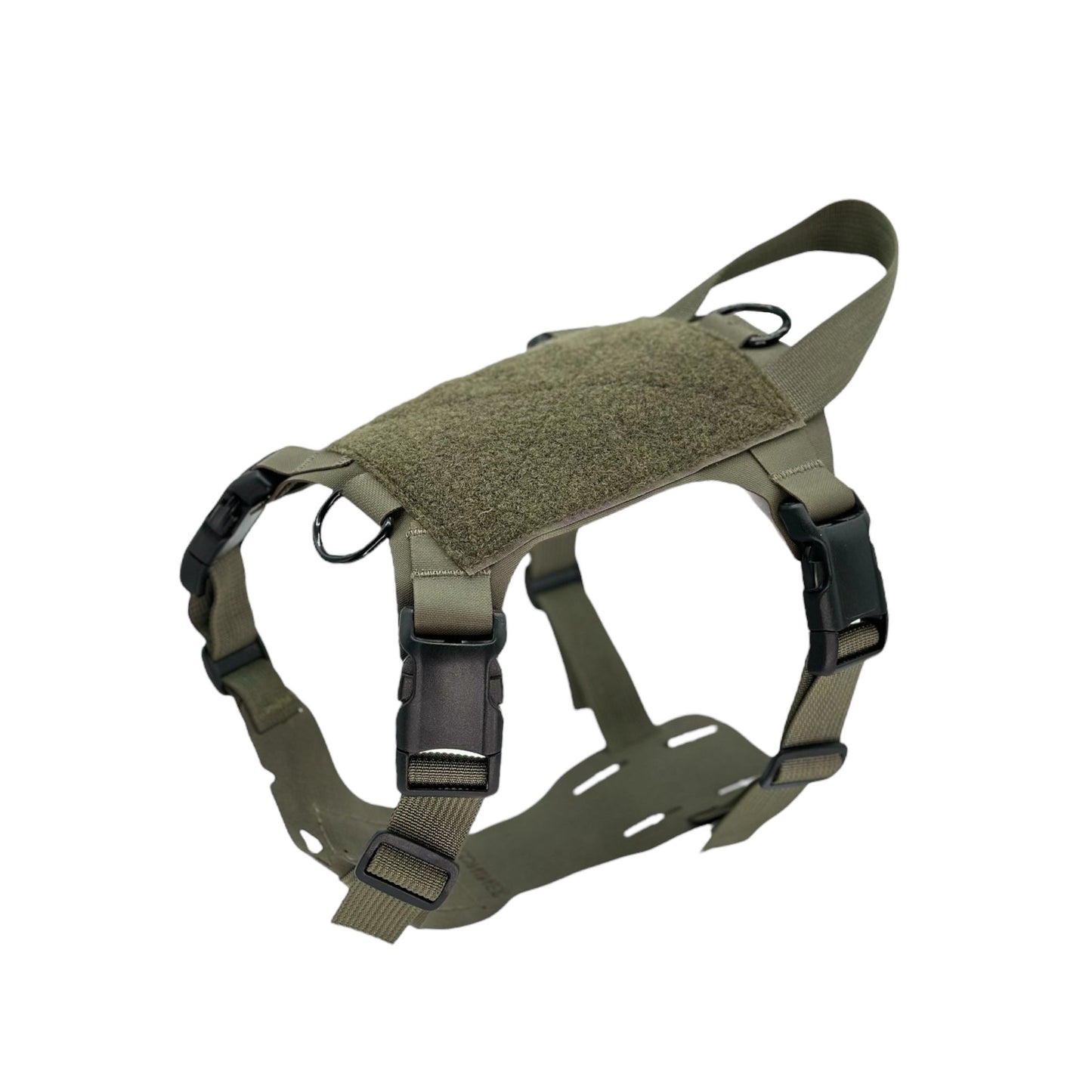 Olive green tactical harness with adjustable straps, black buckles, and a handle on top.