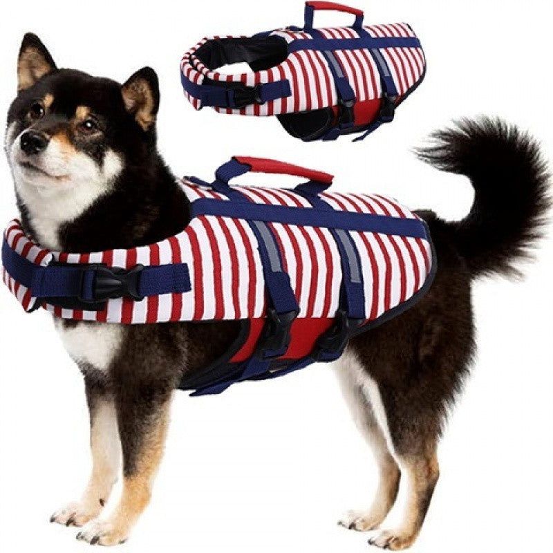 Dog in red and white striped life jacket with blue straps; matching jacket shown above.