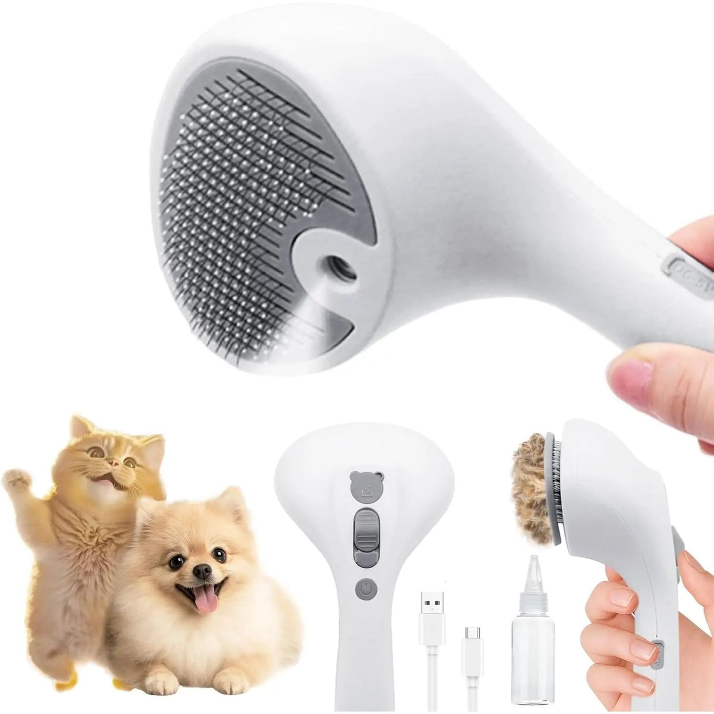 White pet grooming brush with metal bristles, USB cable, spray bottle, cat, and dog.