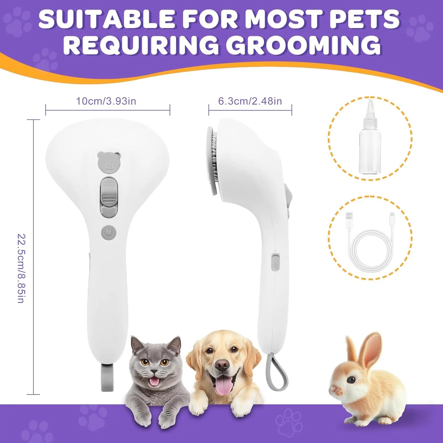 White pet grooming tool with dimensions, a bottle, USB cable, cat, dog, and rabbit on purple.