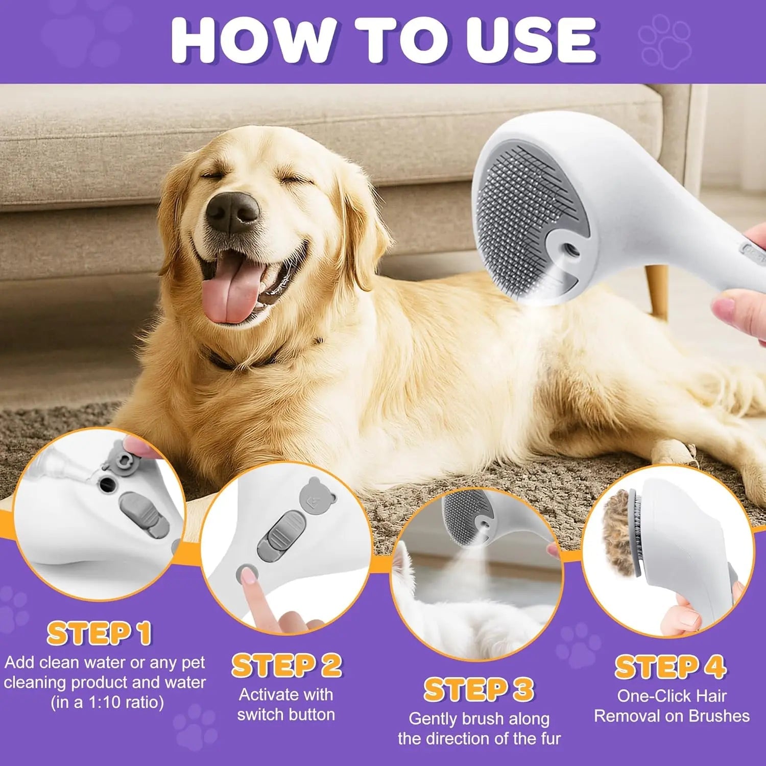 Golden retriever being brushed with a white pet brush; steps for use shown below in circles.
