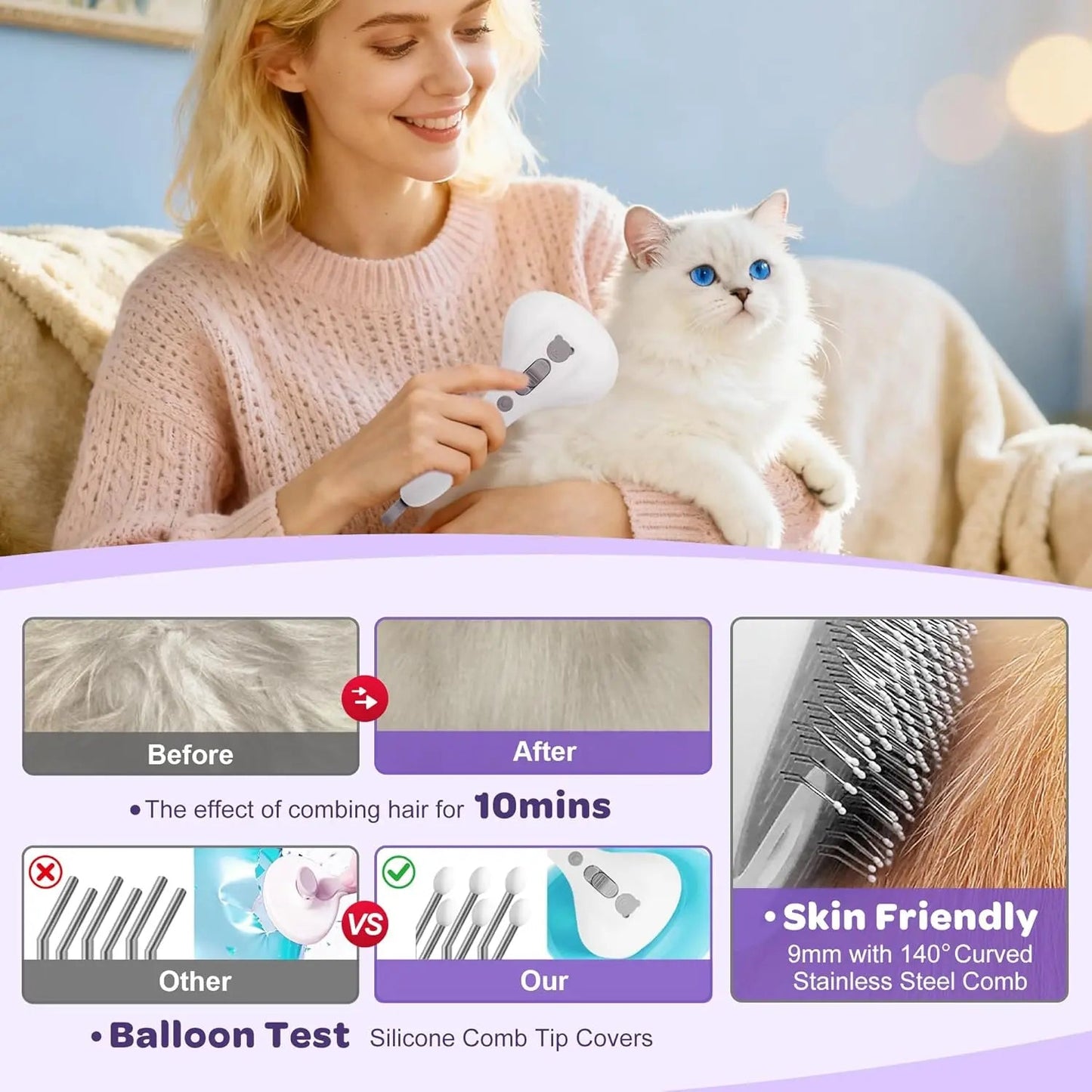 Woman brushing fluffy white cat with silicone-tipped comb; before and after fur images shown.