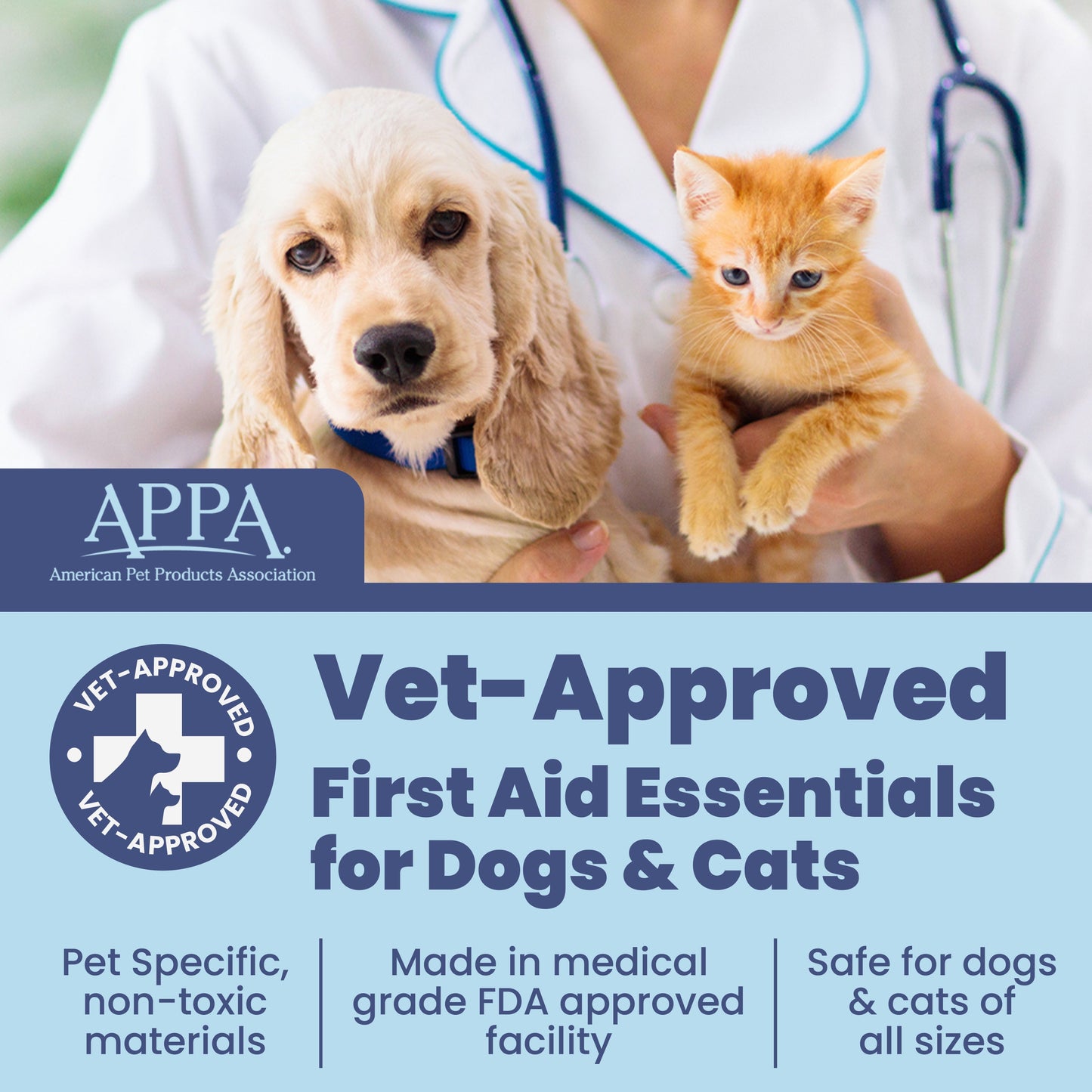 Vet holding a puppy and kitten, text about vet-approved first aid essentials for pets.