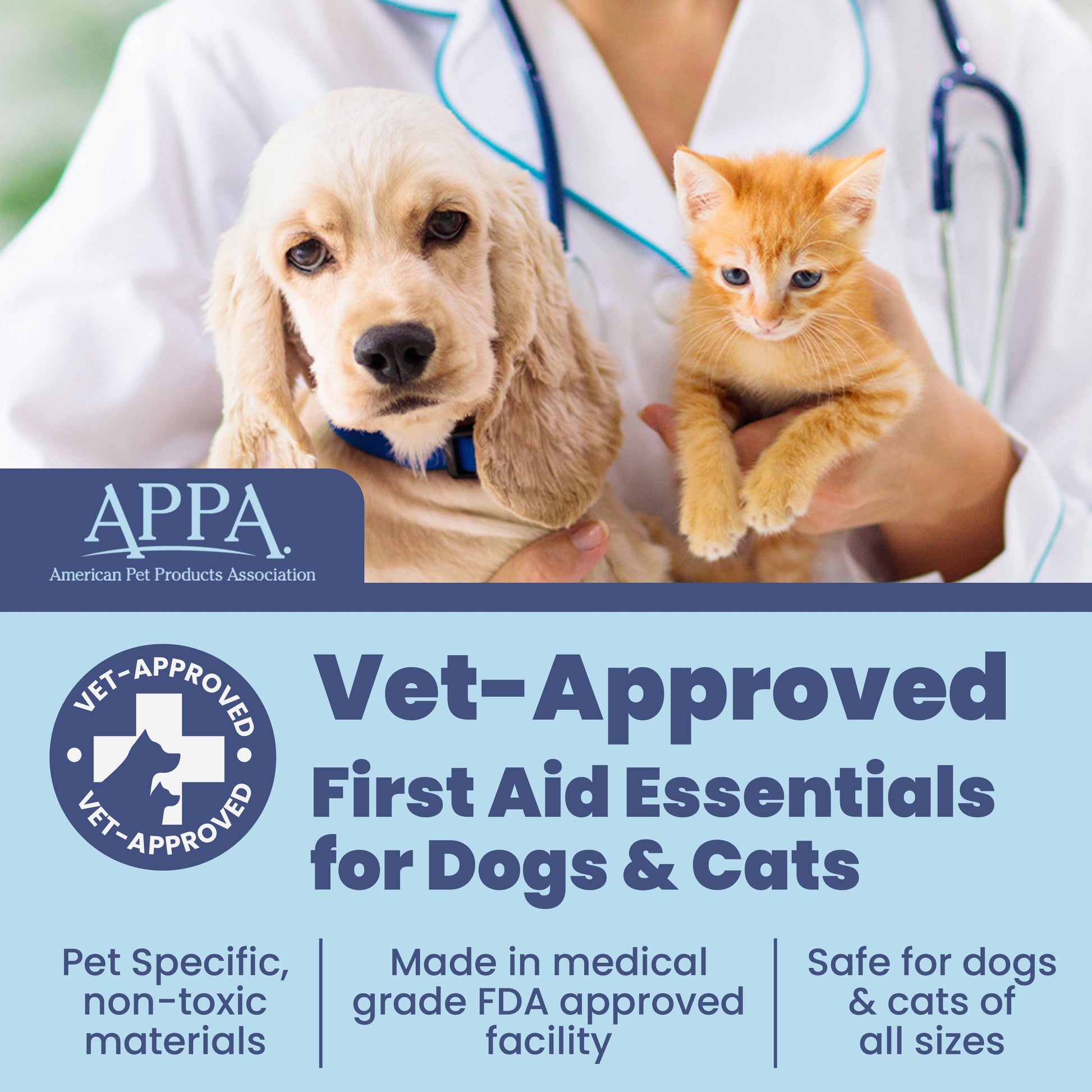 Vet holding a puppy and kitten, text about vet-approved first aid essentials for pets.