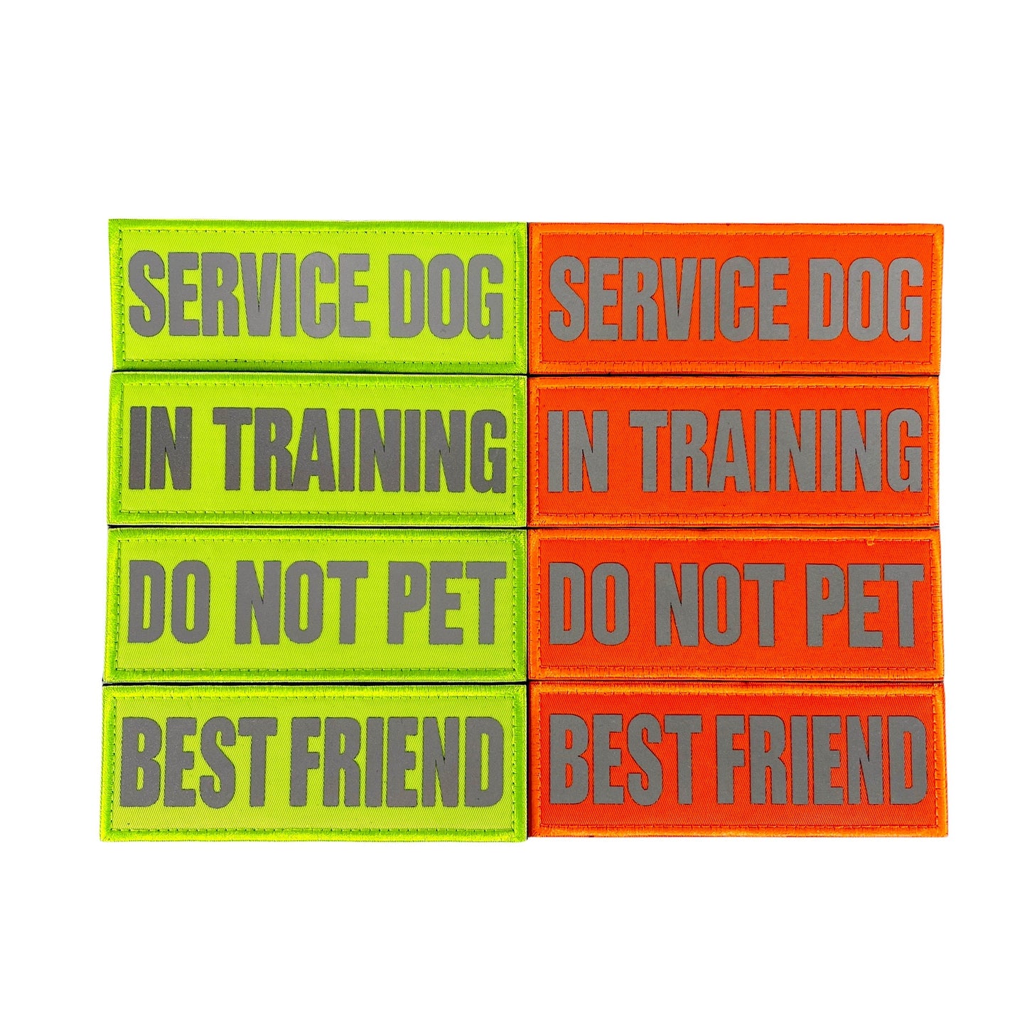 Green and orange patches with gray text: "SERVICE DOG," "IN TRAINING," "DO NOT PET," "BEST FRIEND."