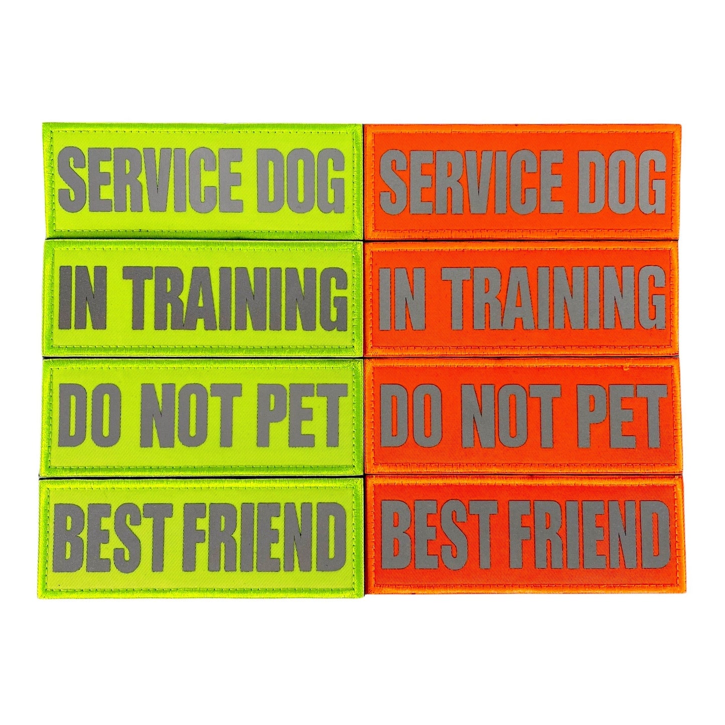 Bright green and orange patches with gray text: "SERVICE DOG," "IN TRAINING," "DO NOT PET," "BEST FRIEND."