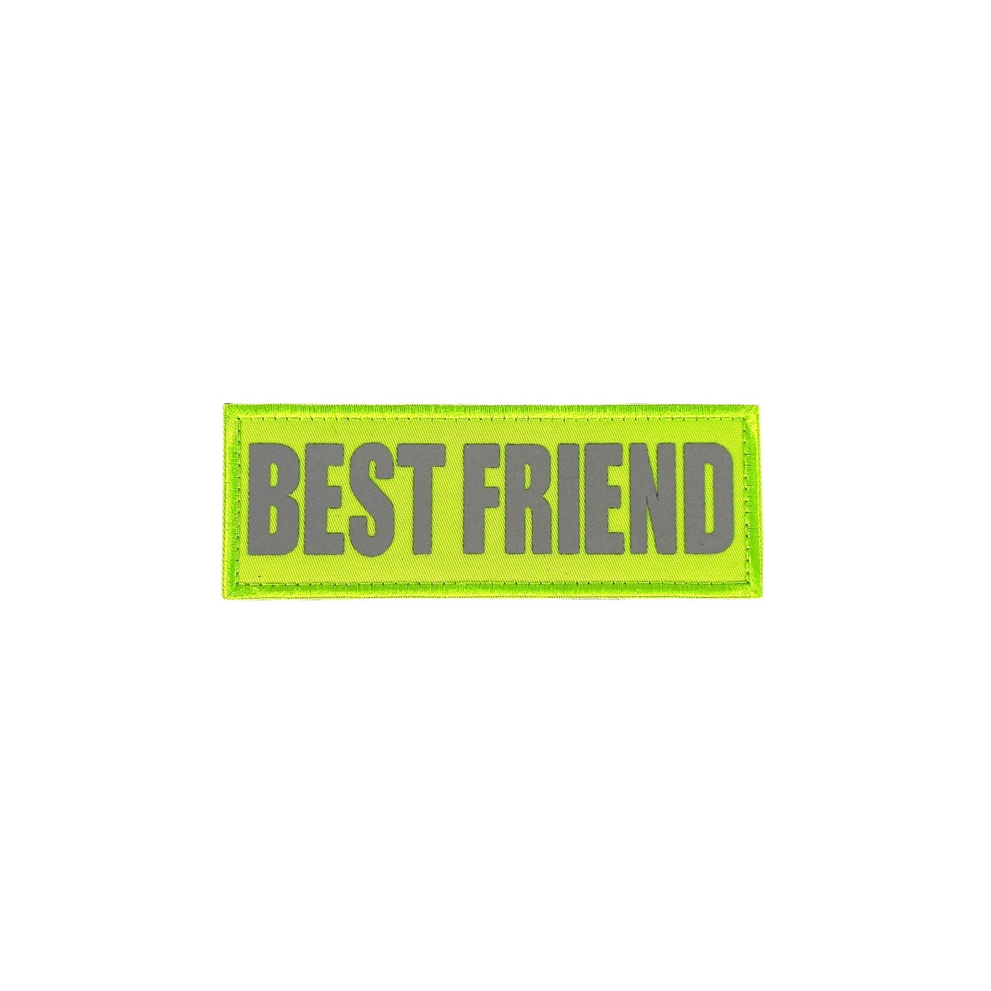 Bright green patch with "BEST FRIEND" in bold gray letters.