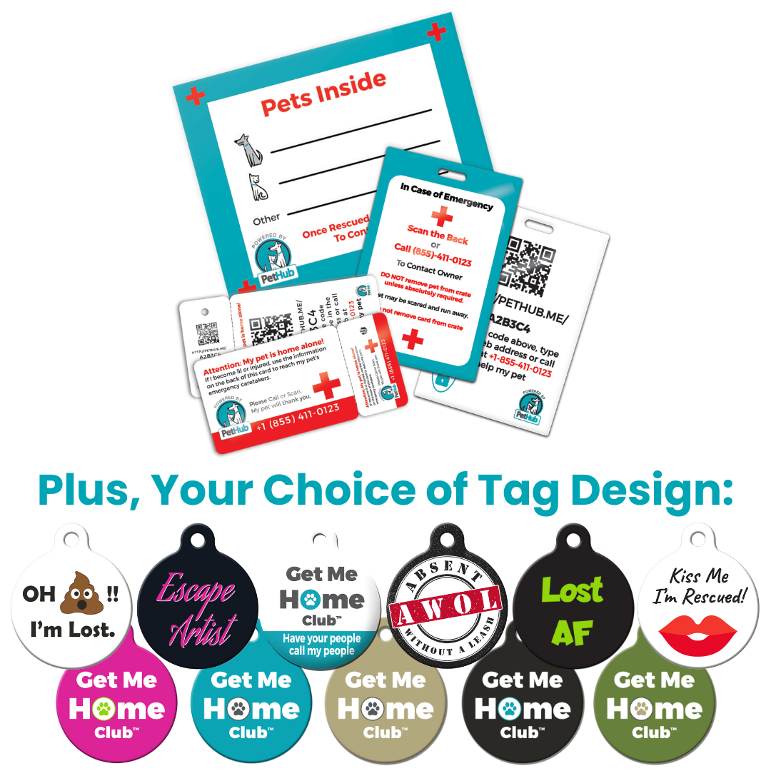 Pet emergency cards and colorful ID tags with various playful designs and text options.