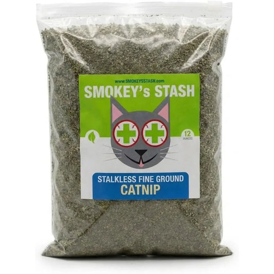 Clear bag of fine ground catnip with a green label featuring a cartoon cat face.