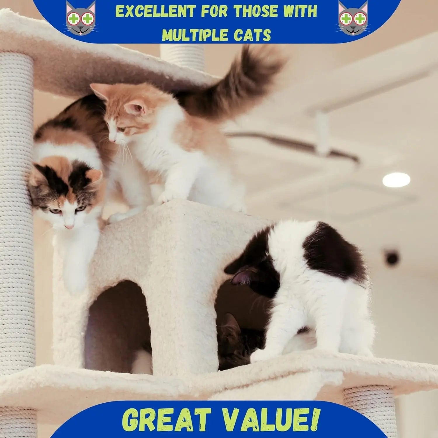 Three cats on a beige cat tree with text: "Excellent for those with multiple cats. Great value!"