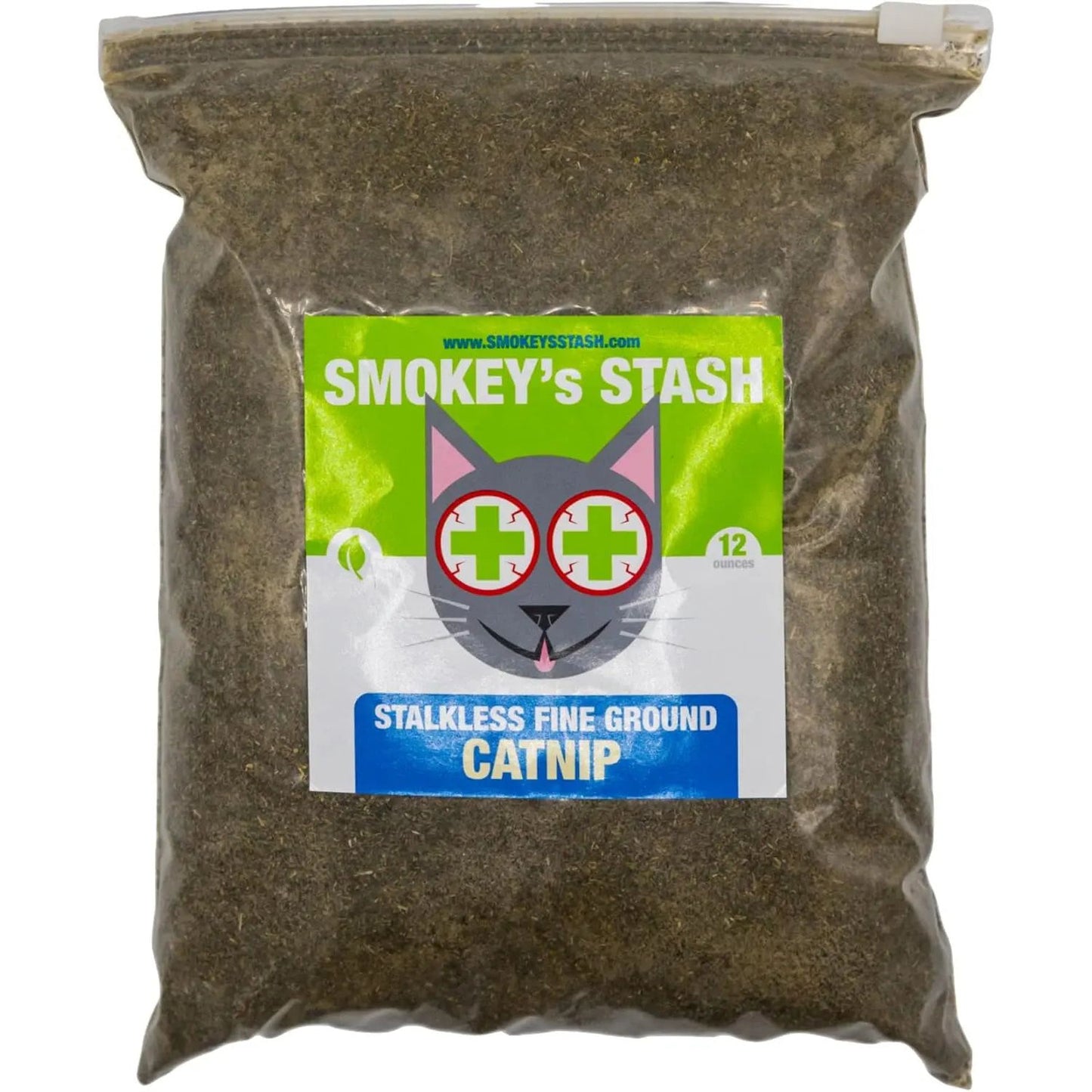 Clear bag of stalkless fine ground catnip with a green label featuring a cartoon cat face.
