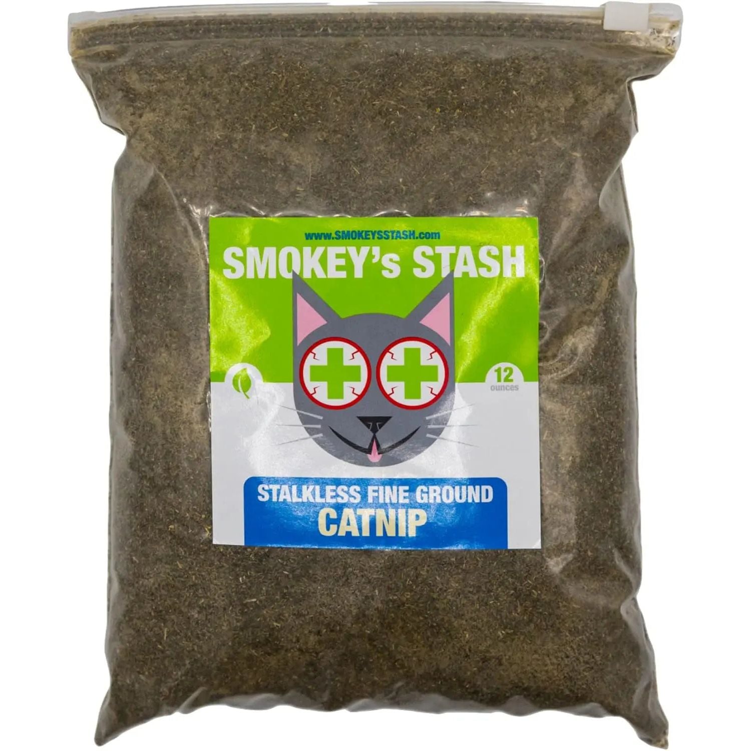 Clear bag of stalkless fine ground catnip with a green label featuring a cartoon cat face.