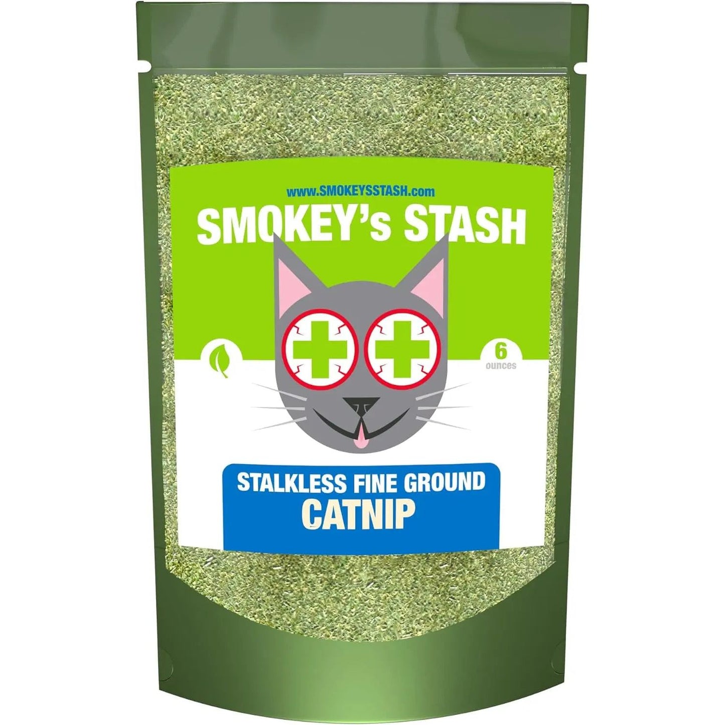 Green catnip package with cartoon cat, cross eyes, and "Stalkless Fine Ground Catnip" text.