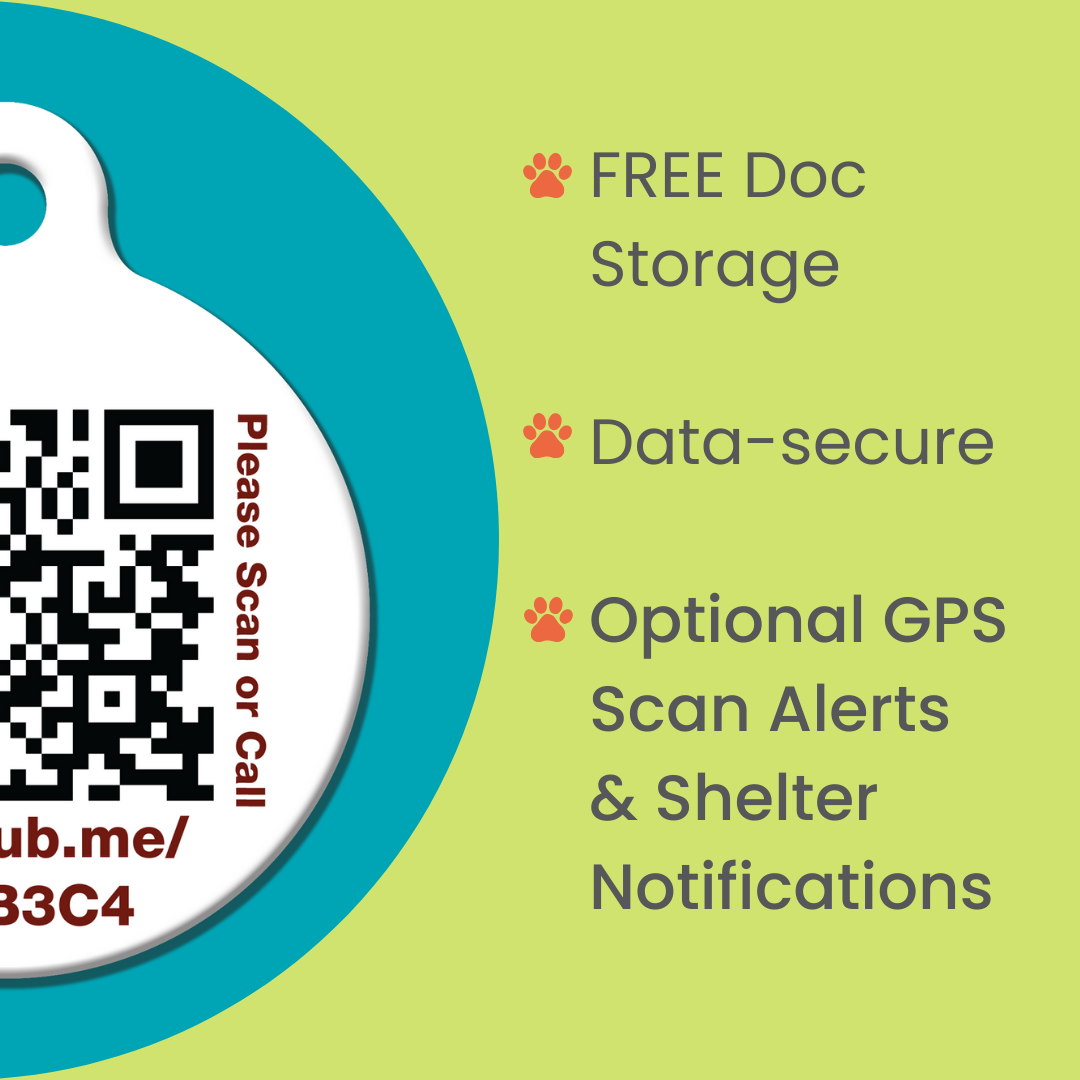QR code tag on blue and green background with text on features like GPS alerts and data security.