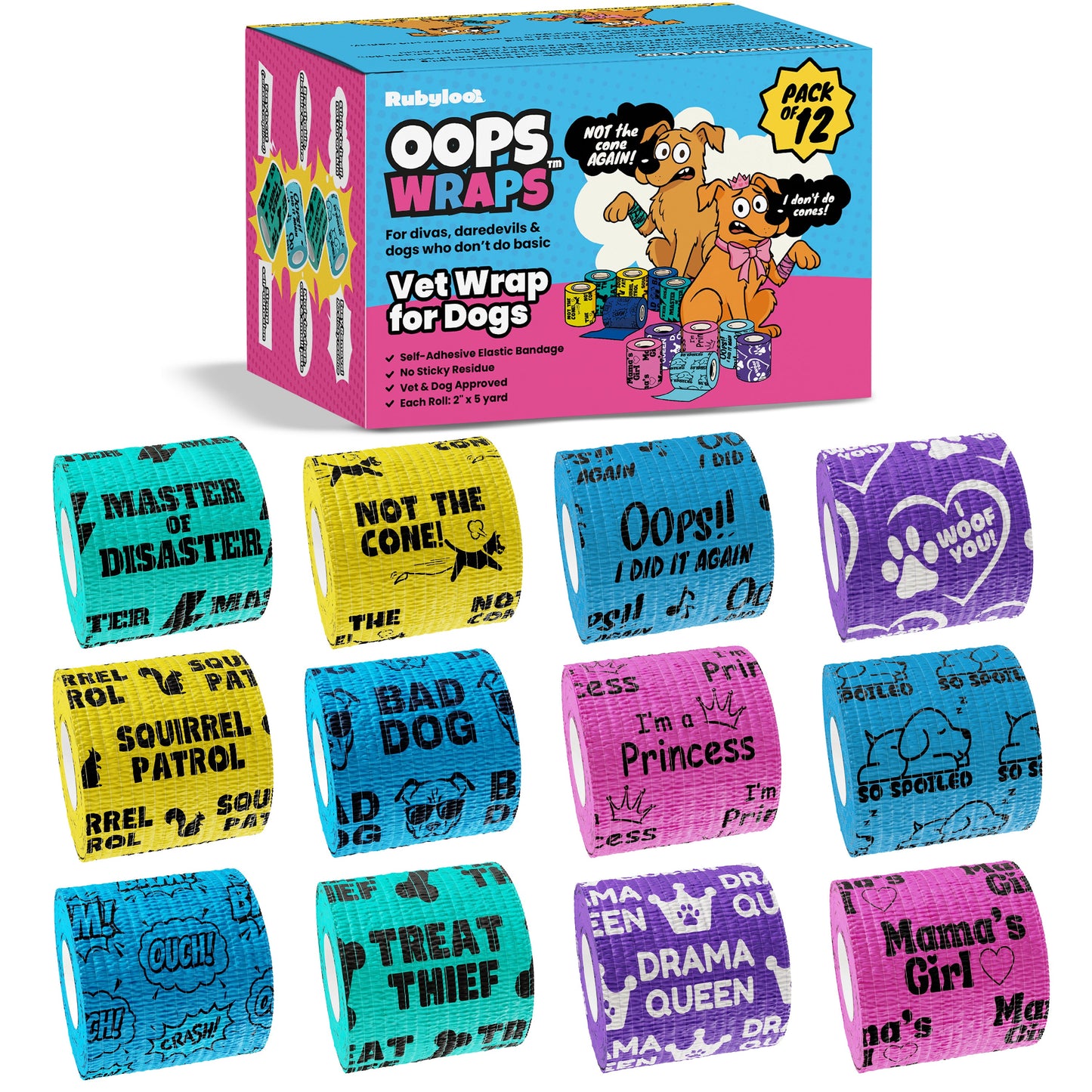 Colorful dog vet wraps with playful text and patterns, including paw prints and humorous phrases.