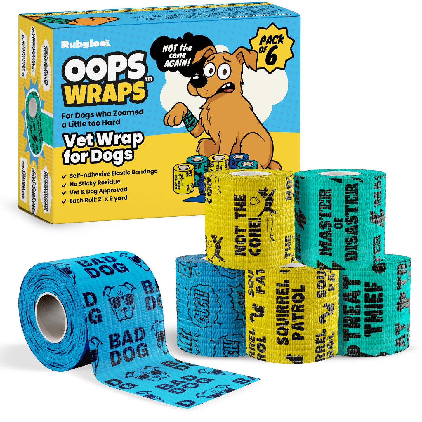 Colorful dog bandage rolls in blue and yellow with playful text, next to a cartoon dog box.