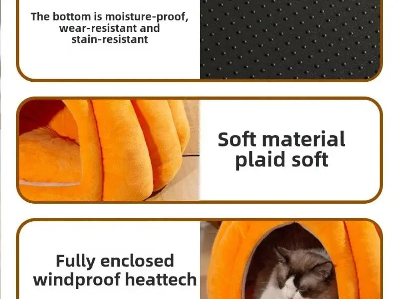 3D Pumpkin Pet House Semi-Enclosed Removable Bottom Non-Slip Soft PP Cotton Warm Cat Villa Autumn and Winter Small Dog Kennel