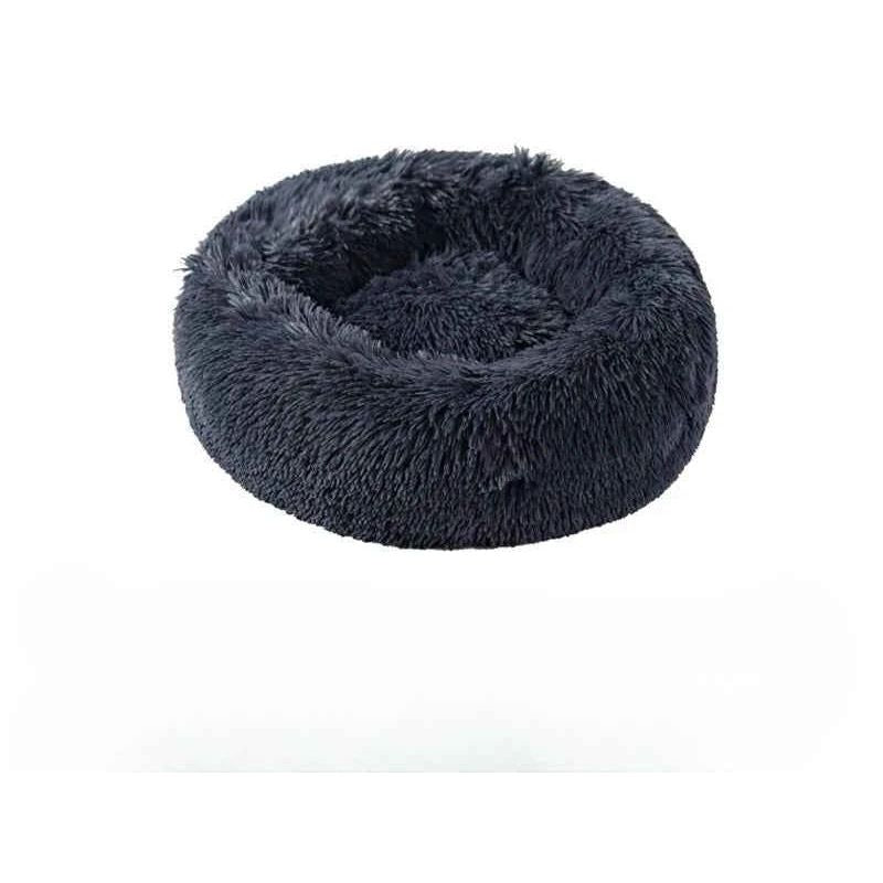Dark gray, fluffy round pet bed with a raised rim on a white background.