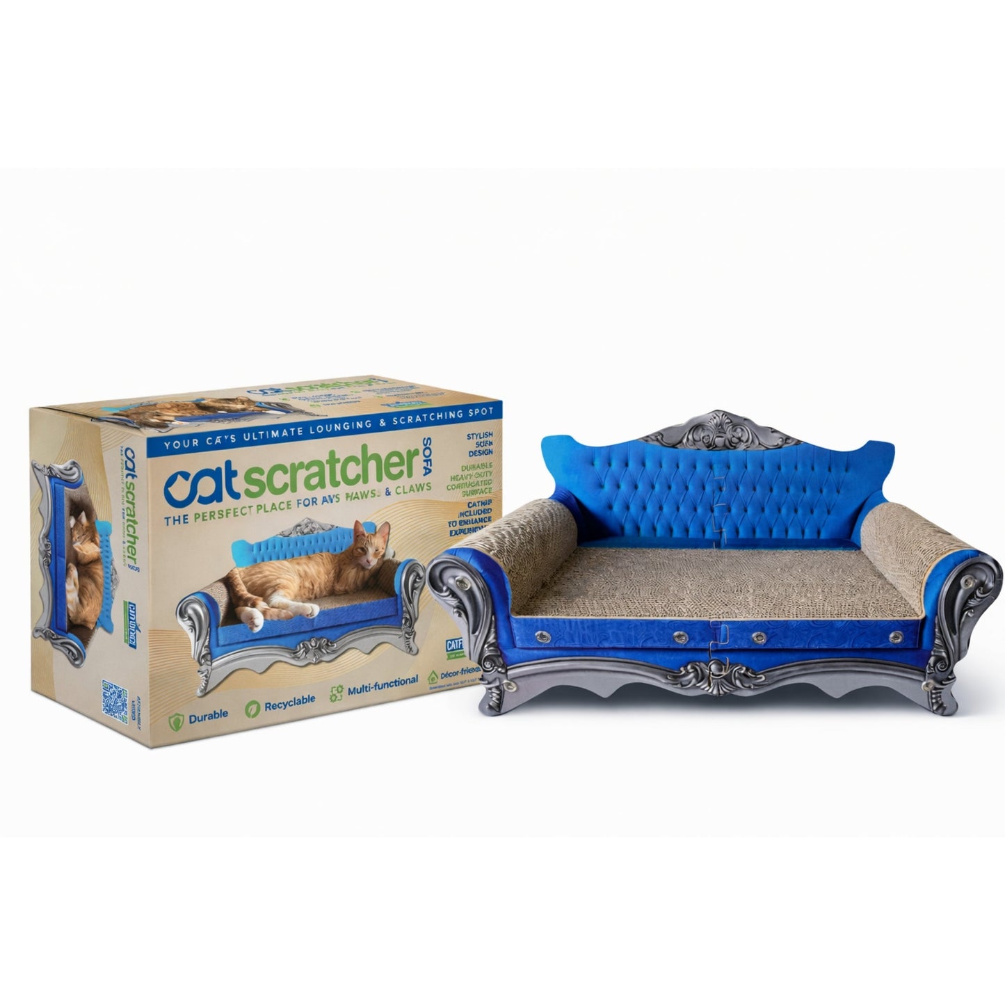 Blue and gray cat scratcher sofa with tufted backrest, ornate details, and cardboard scratching area.