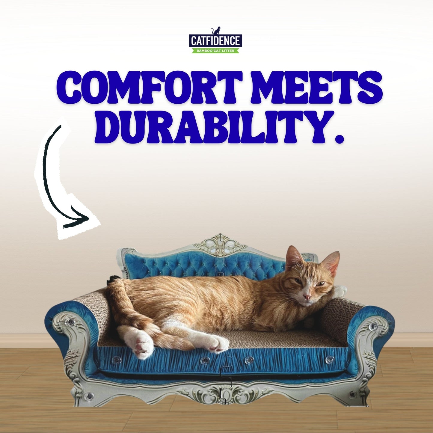 Orange cat lounging on a blue ornate sofa with "Comfort Meets Durability" text above.