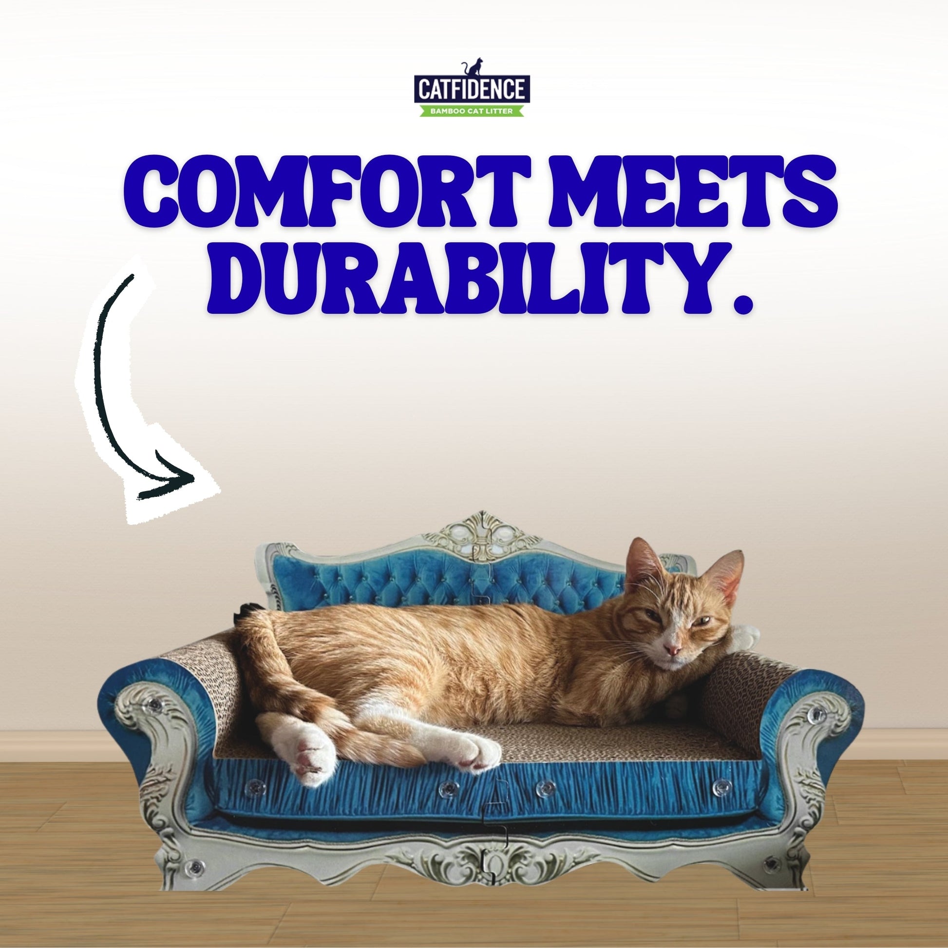 Orange cat lounging on a blue ornate sofa with "Comfort Meets Durability" text above.