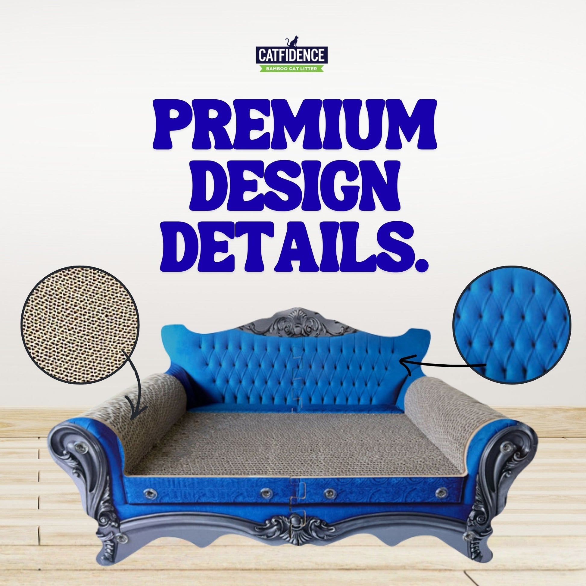 Blue tufted sofa with ornate gray details and textured beige cushions on a wooden floor.