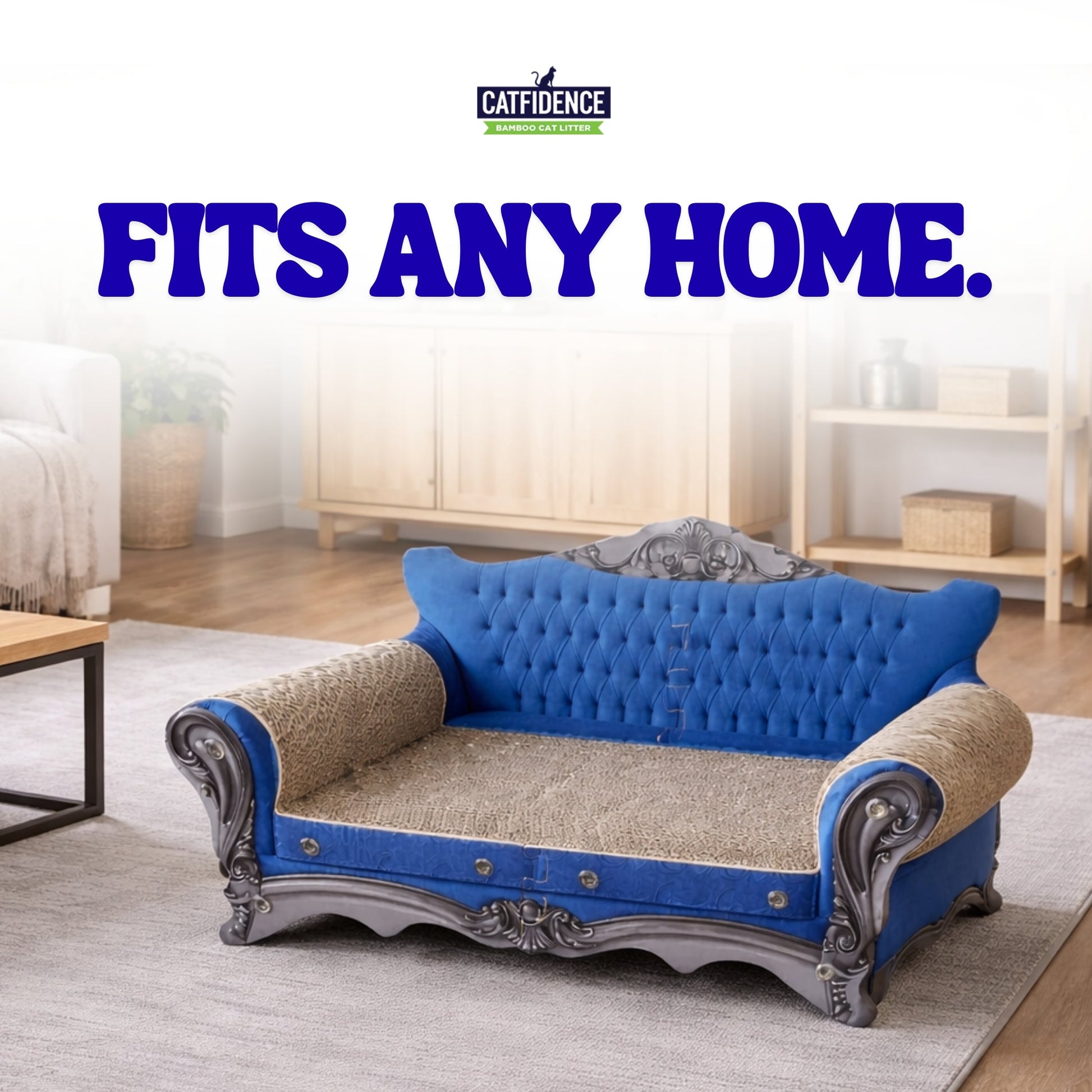 Blue tufted pet sofa with ornate gray trim, set in a cozy living room with wooden furniture.