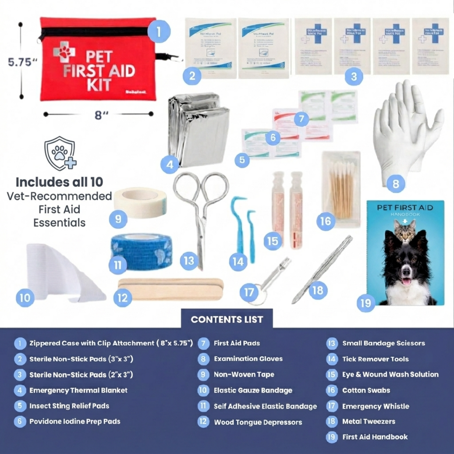 Pet first aid kit with red pouch, gloves, scissors, bandages, and various medical supplies.