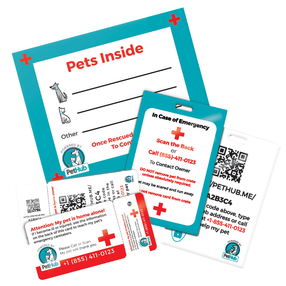 Pet emergency cards with red crosses, QR codes, and contact info on white and teal backgrounds.