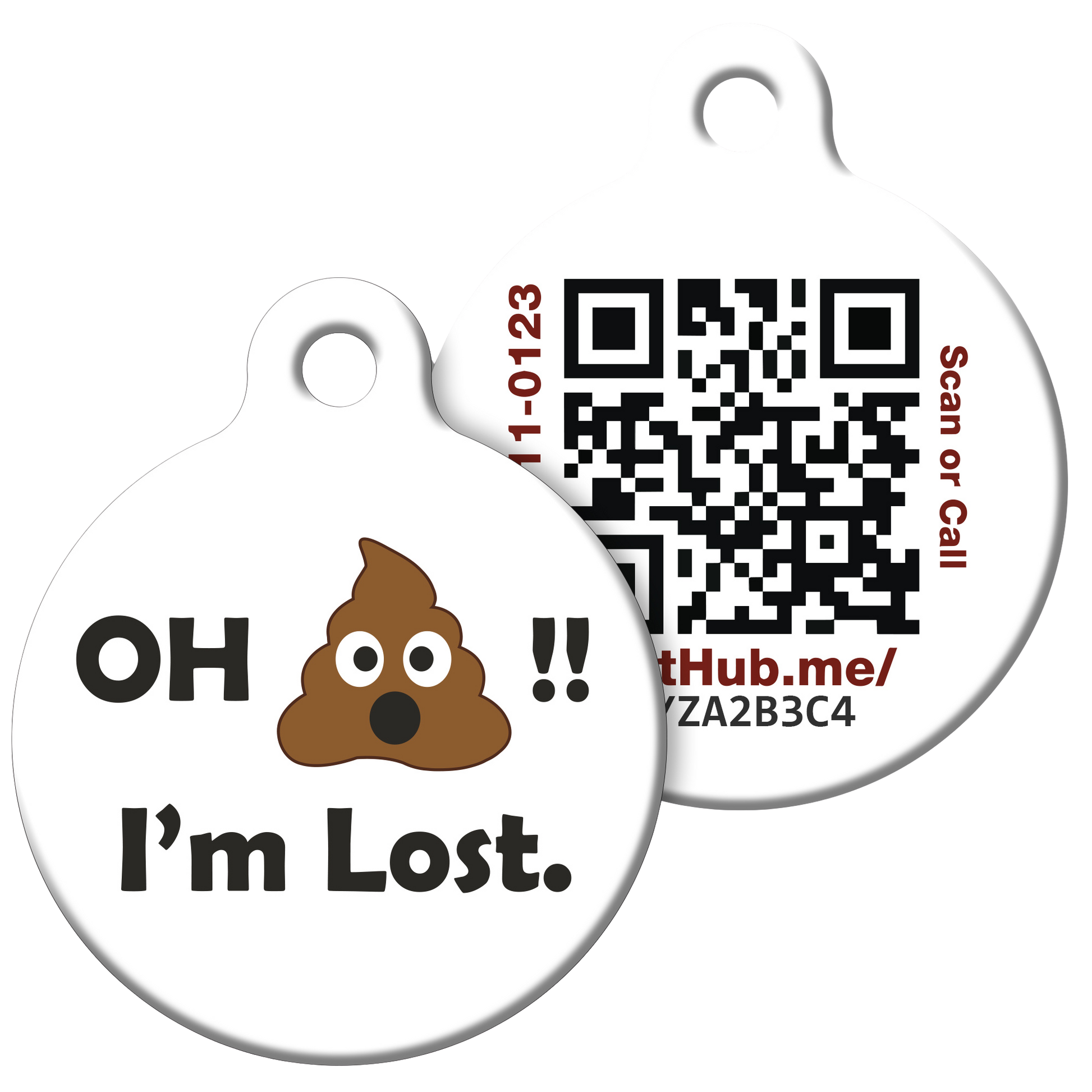 Two white pet tags; one with a poop emoji and "I'm Lost," the other with a QR code.
