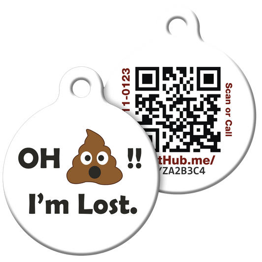 Two white pet tags; one with a poop emoji and "I'm Lost," the other with a QR code.