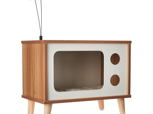 Purr-View Retro TV Cat Condo with Jute Scratching Pad & Washable Mat, Ball Toy Antenna, White & Tan, 20" L X 11.5" W X 16" H