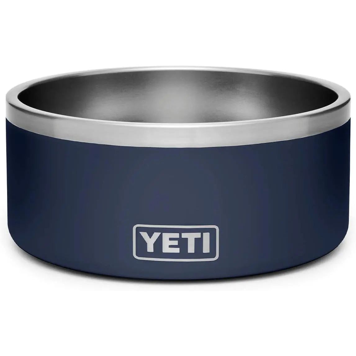 Dark blue metal bowl with silver rim and "YETI" logo on the side.
