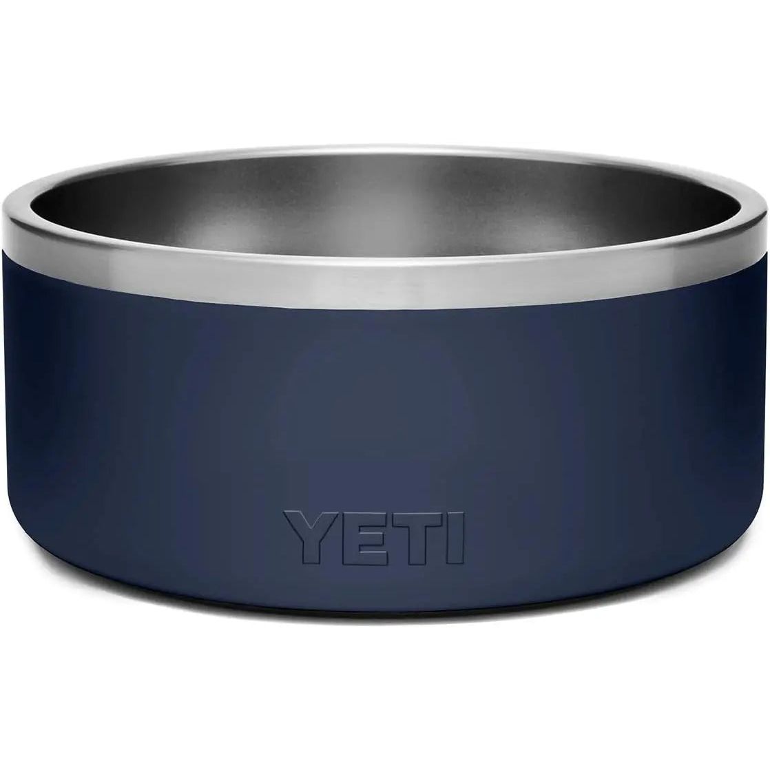 Dark blue bowl with silver rim and "YETI" embossed on the side.