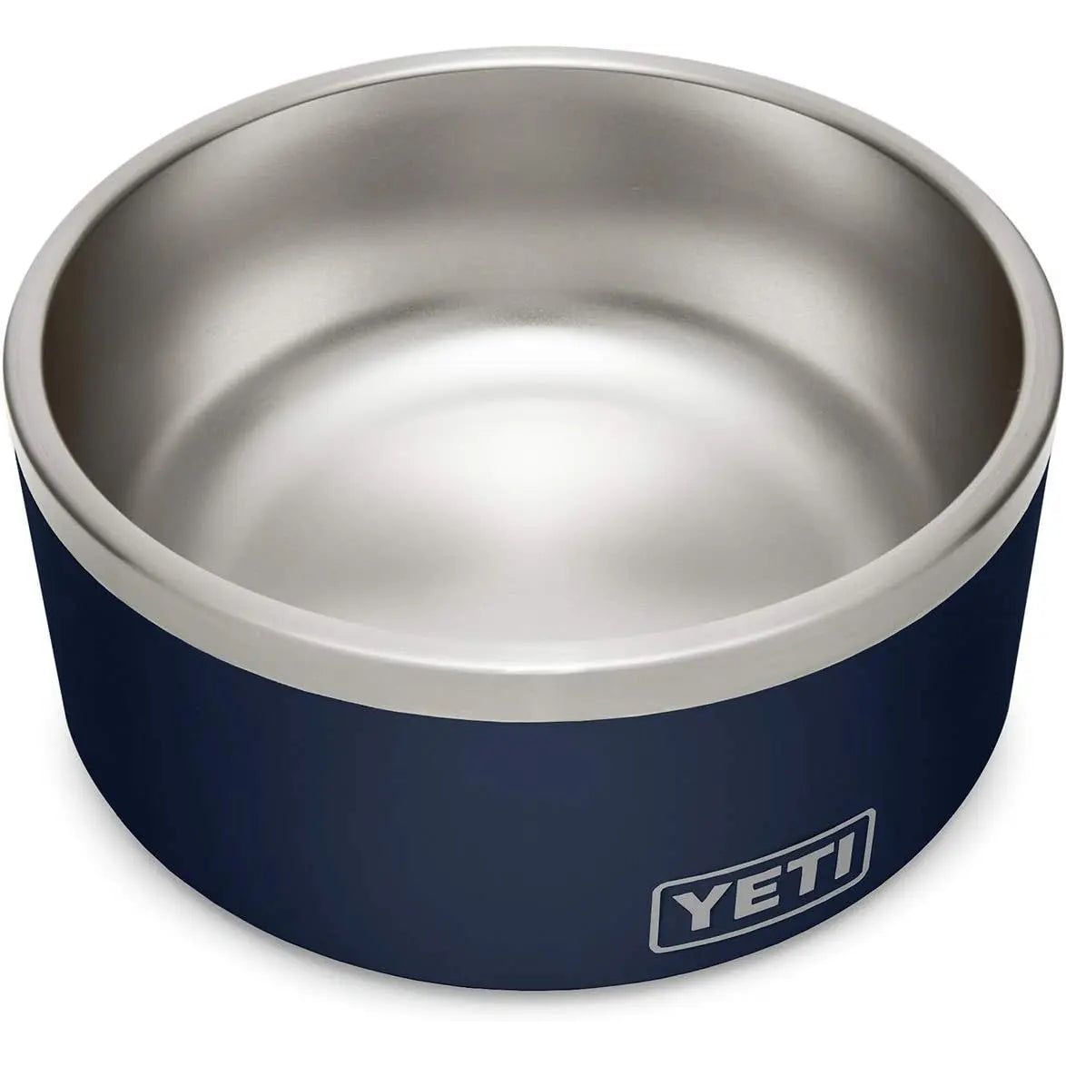 Stainless steel bowl with a navy blue exterior and "YETI" logo on the side.