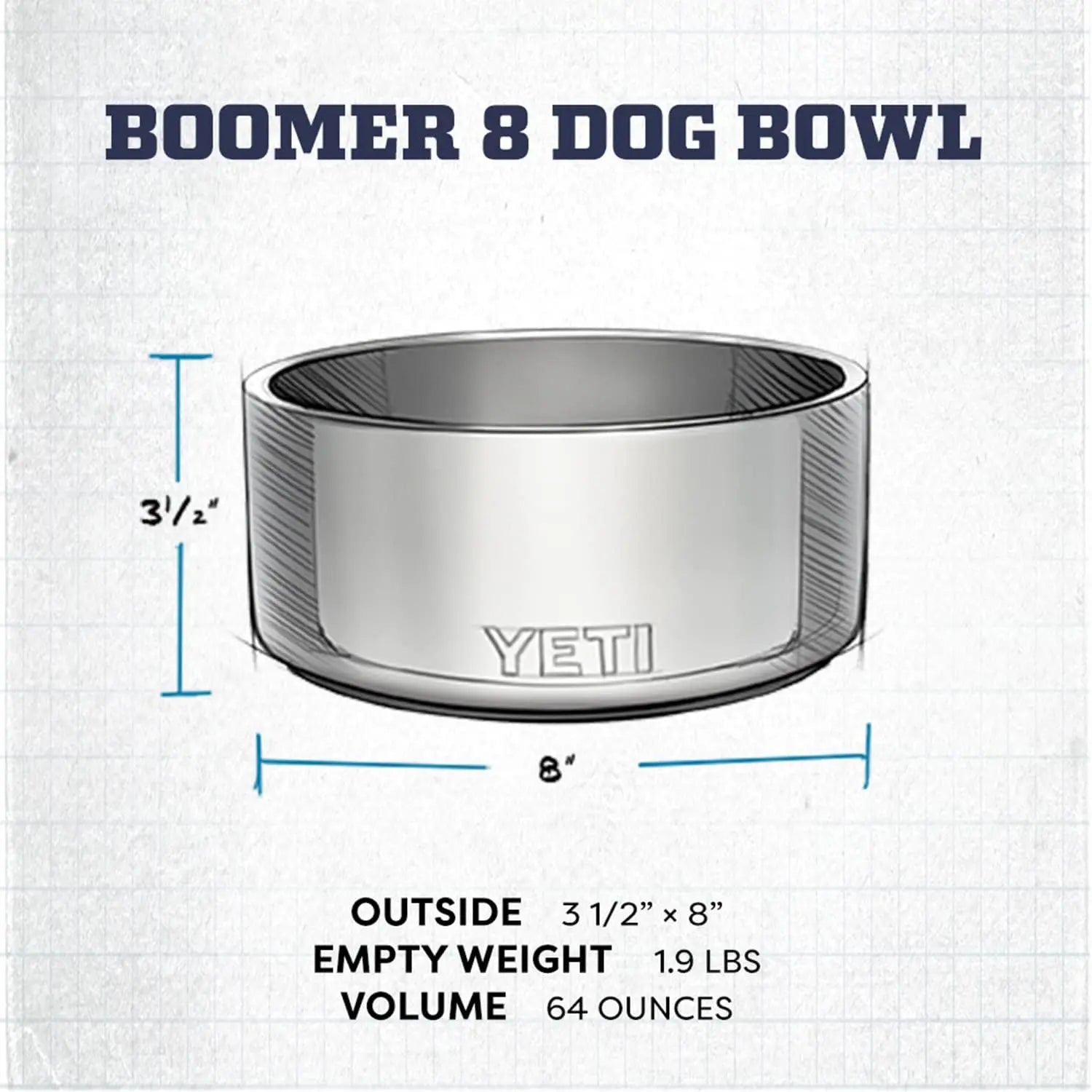 Silver dog bowl with "YETI" logo, 3.5" tall, 8" wide, 1.9 lbs, holds 64 oz.