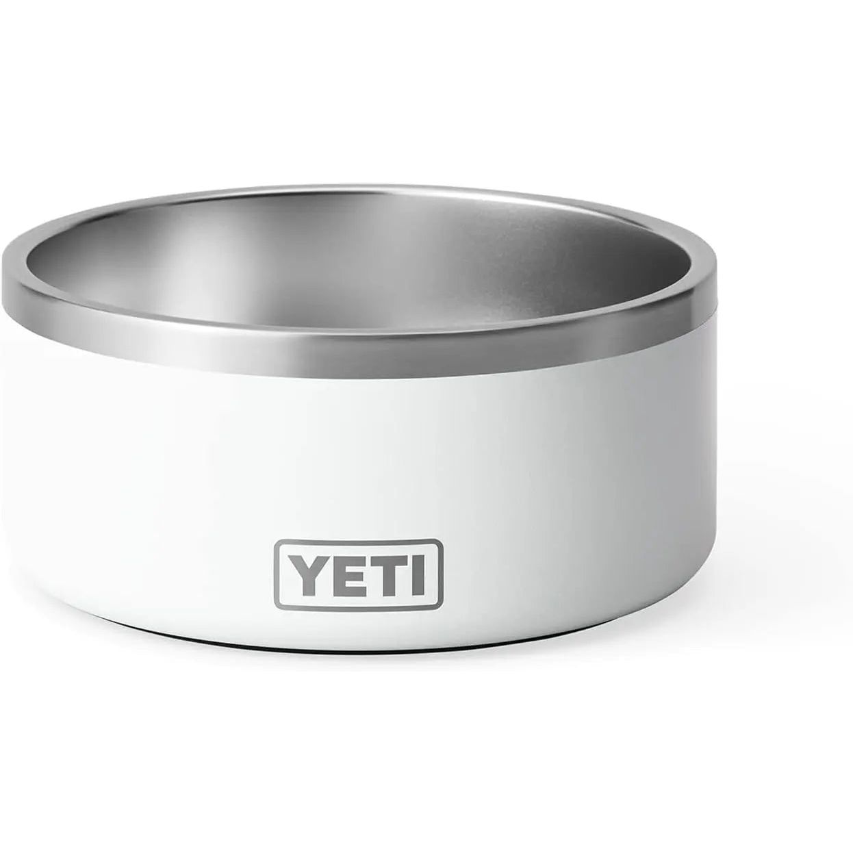Silver and white metal bowl with "YETI" logo on the side.