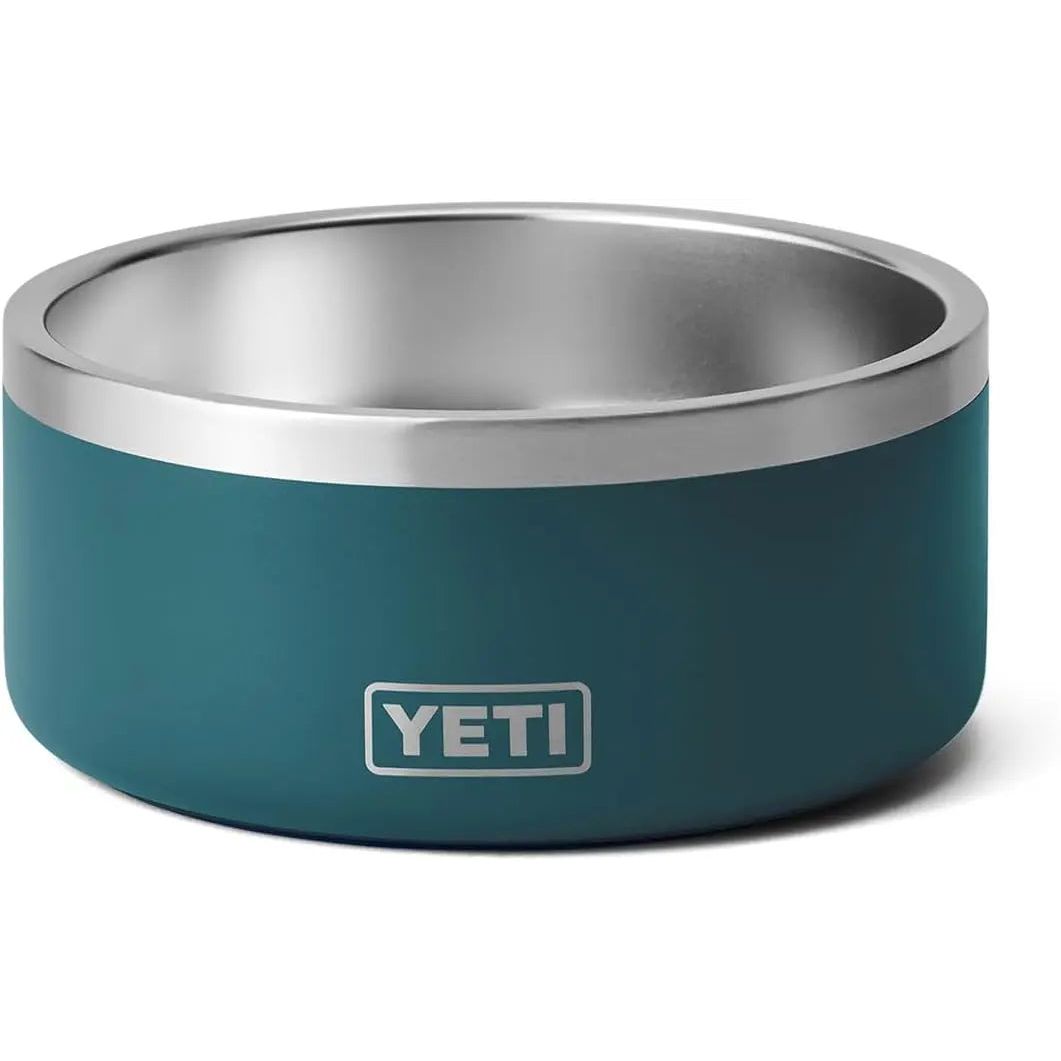 Teal and silver metal bowl with a smooth finish and "YETI" logo on the side.