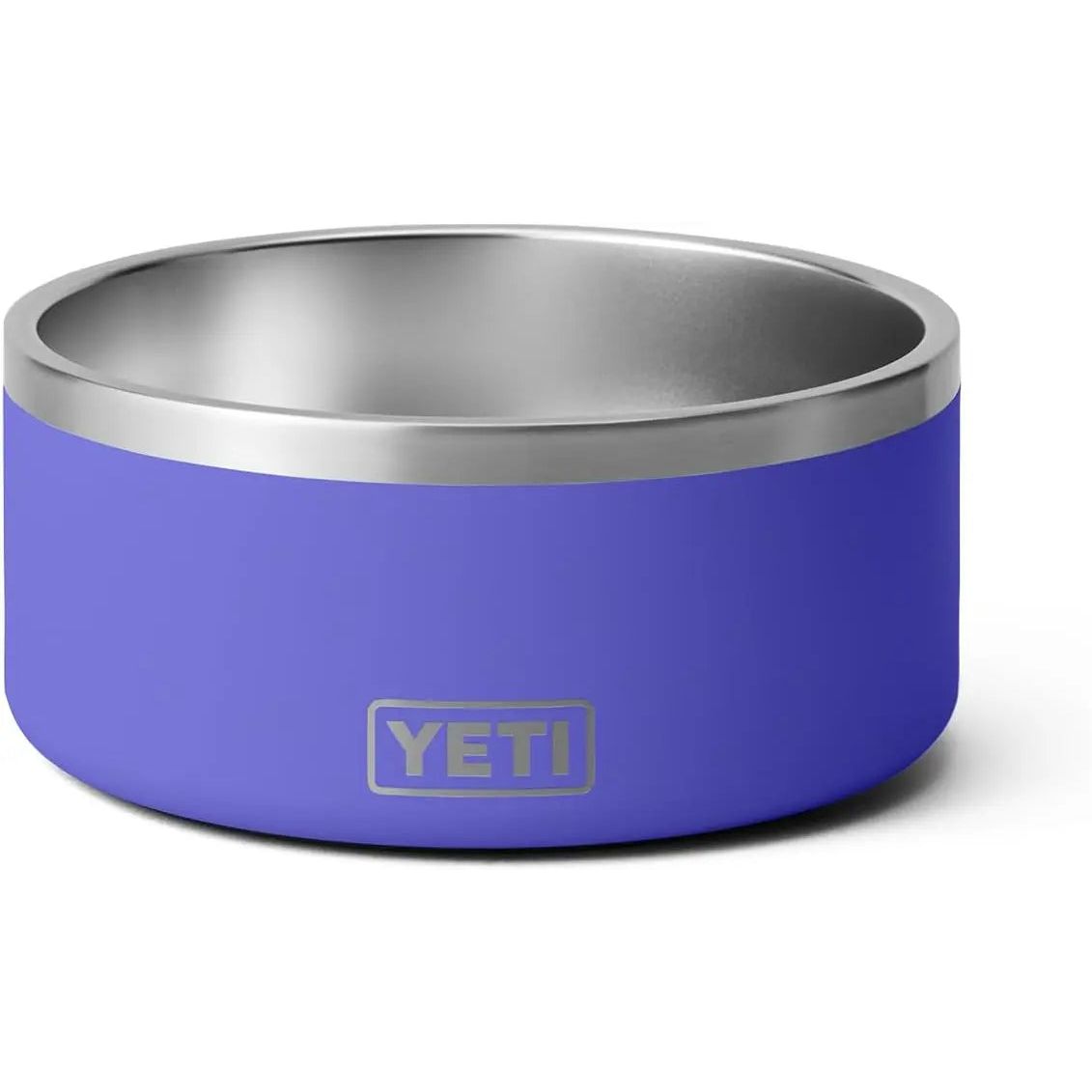 Blue stainless steel bowl with a silver rim and "YETI" logo on the side.