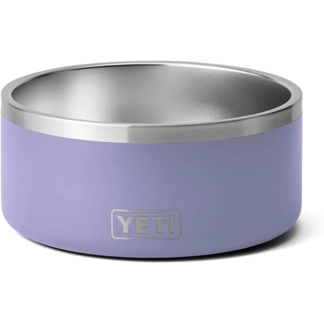 Purple metal bowl with silver rim and "YETI" logo on the side.