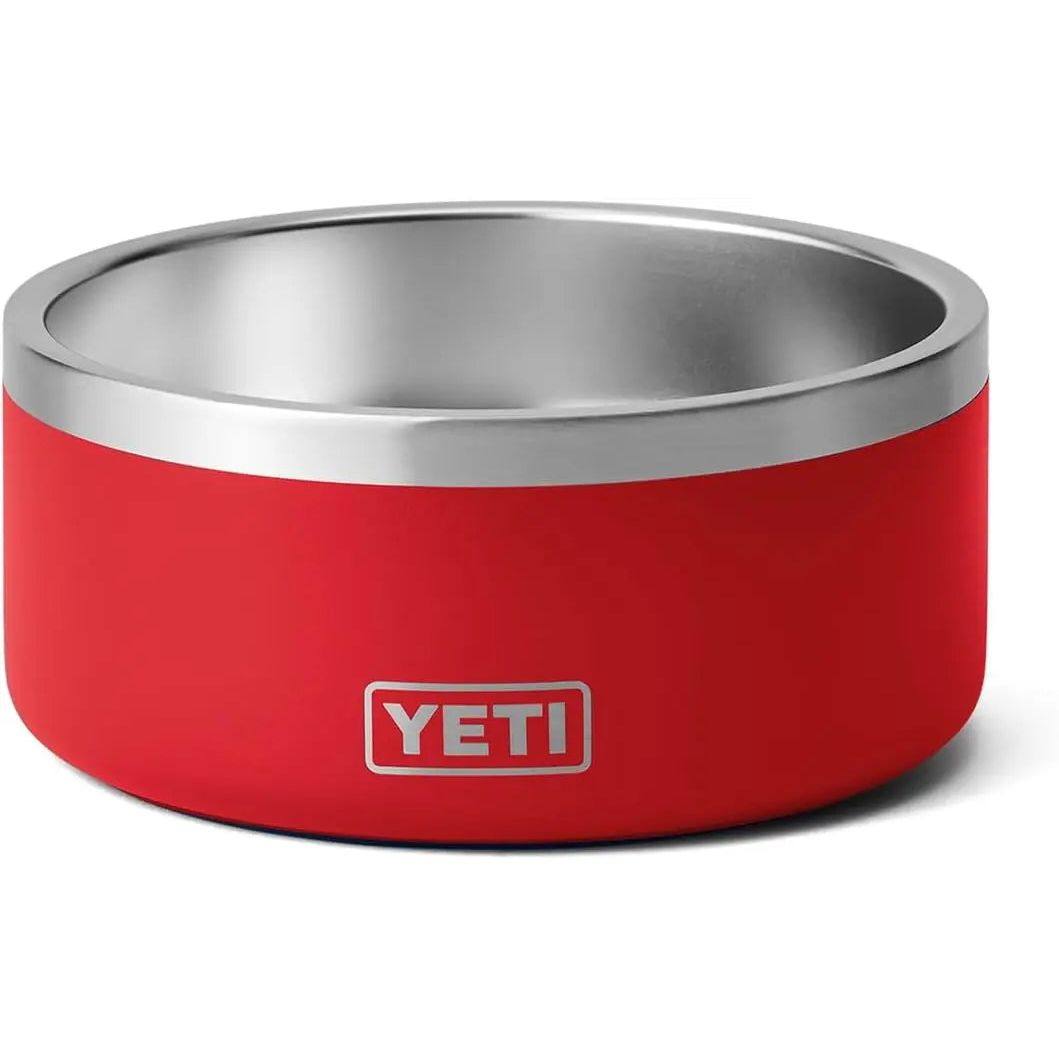Red and silver metal bowl with "YETI" logo on the side.