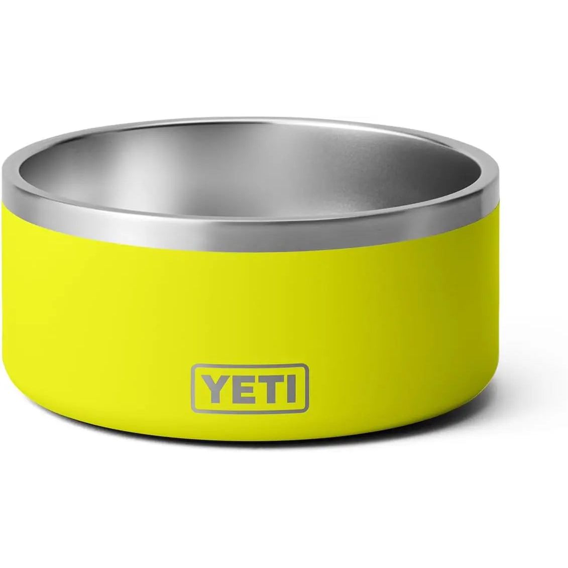 Bright yellow bowl with a silver rim and the word "YETI" on the side.