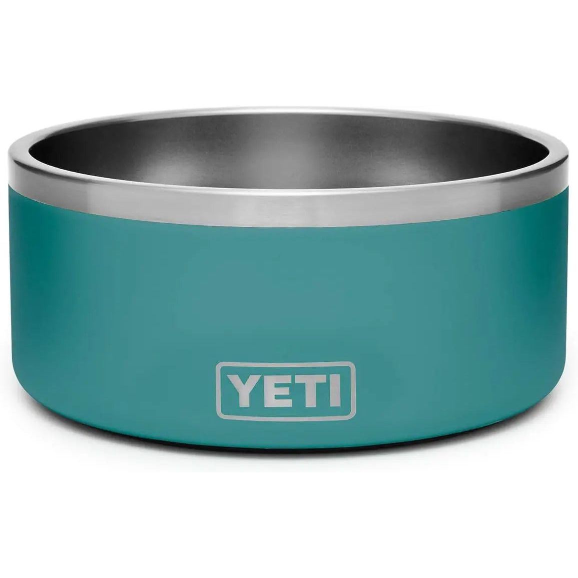 Teal metal bowl with silver rim and "YETI" logo in white on the side.