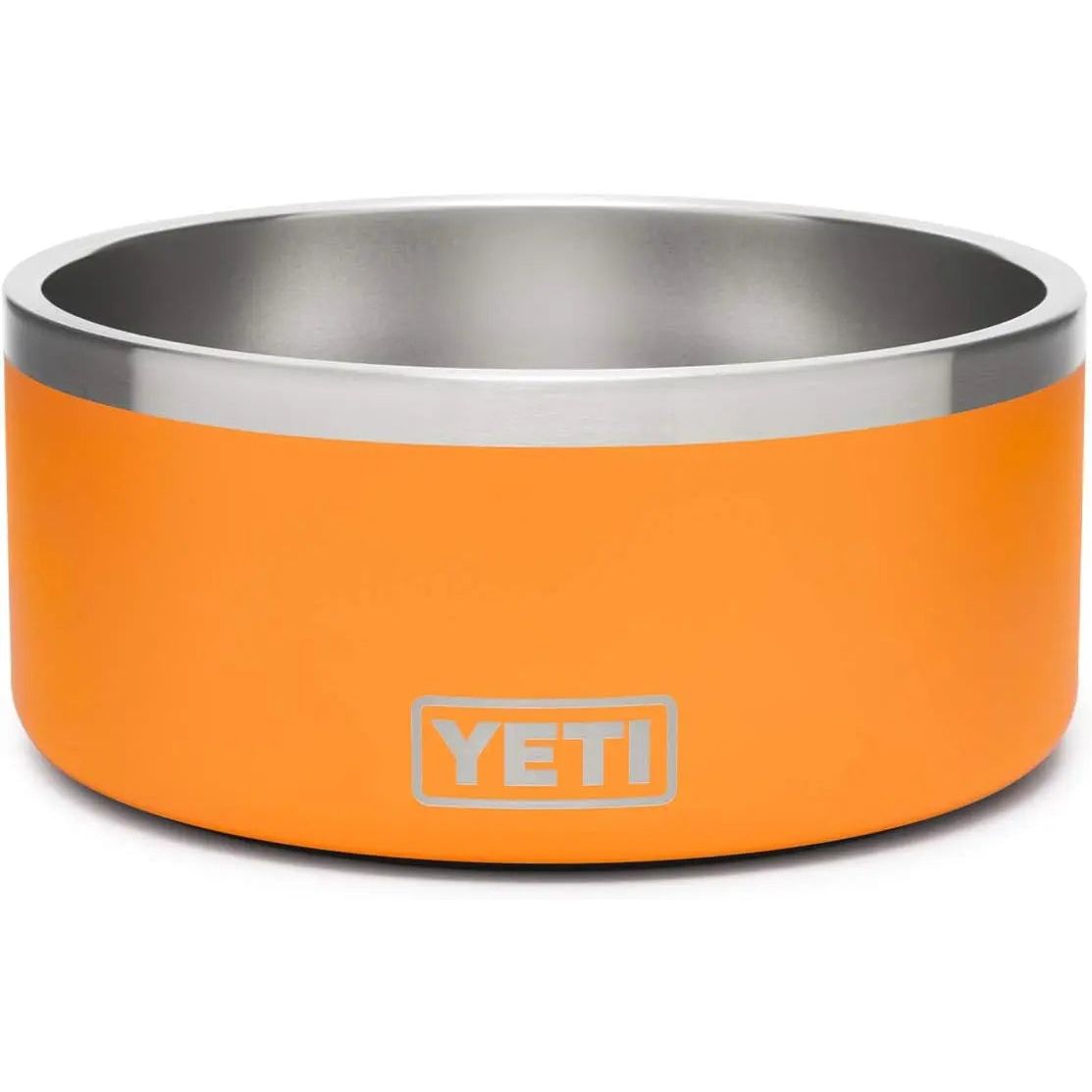 Orange and silver metal bowl with "YETI" logo on the side.