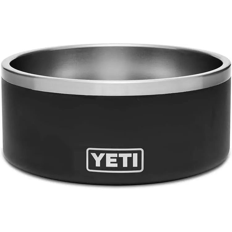 Black and silver metal bowl with "YETI" logo on the side.
